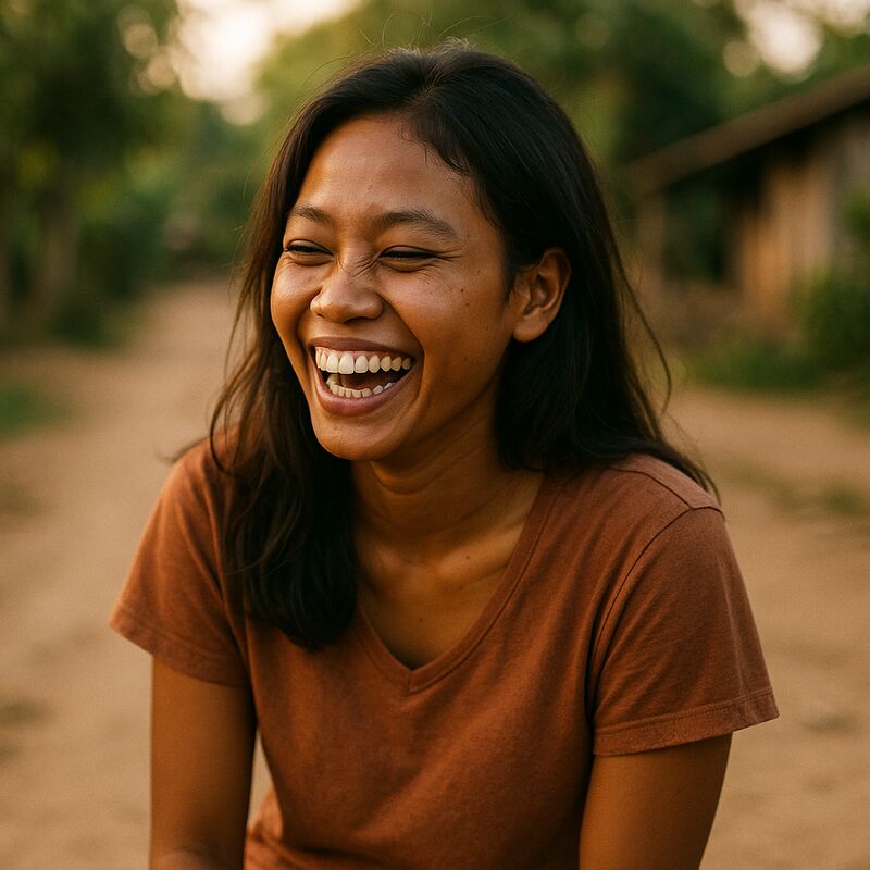 A Cambodian woman smiling genuinely, relaxed and natural in an outdoor setting