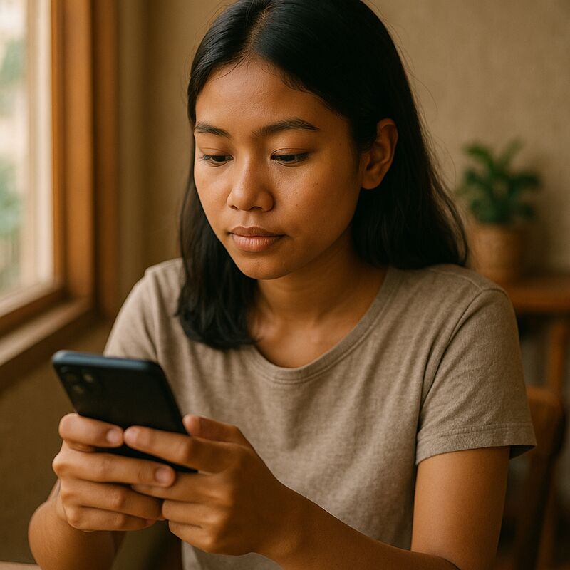 A Cambodian woman writing a message on her phone, thoughtful and focused
