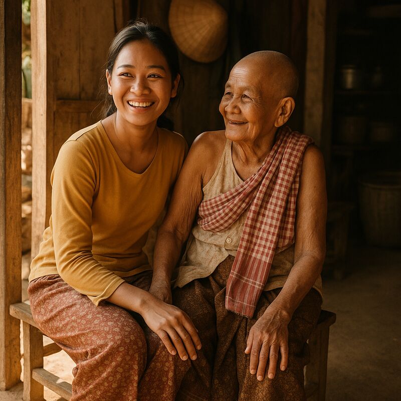 A Cambodian woman with family or at a local market, warm and natural