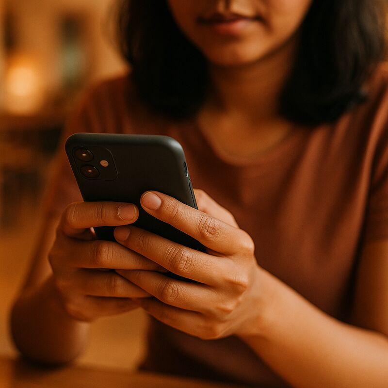 Close-up of a woman's hands holding a phone, composing a message