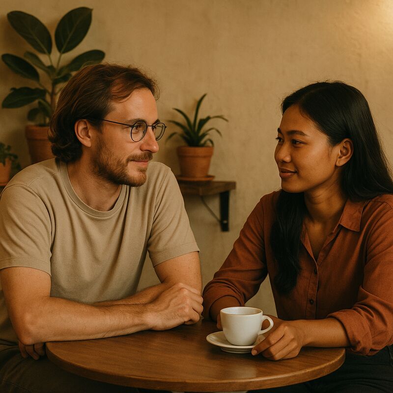 Two people in quiet conversation at a café in Cambodia