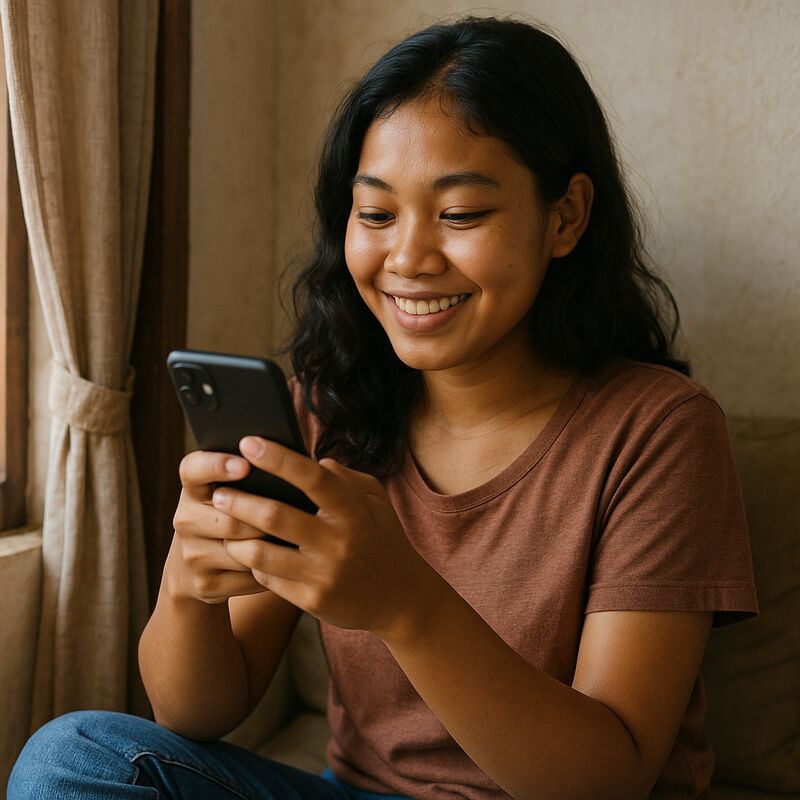 A Cambodian woman looking at her phone with a warm, genuine expression