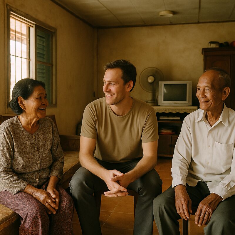 A Western man being welcomed warmly into a Cambodian family home