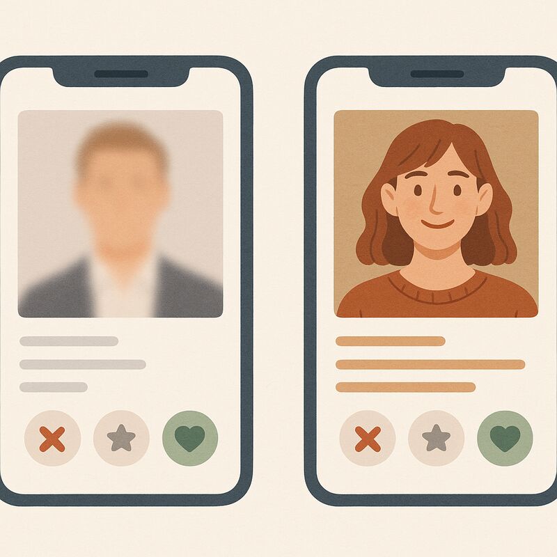 Two contrasting dating app profile illustrations — a blurry, generic-looking photo on the left and a natural, candid-looking photo on the right