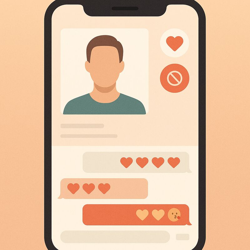 Illustration of a dating app profile on a phone screen with obvious warning signs — an overly polished photo and a rapid stream of affectionate messages