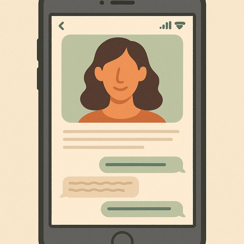 Illustration of a warm, natural-looking dating app profile with a candid photo, a personal bio, and a friendly, genuine message exchange