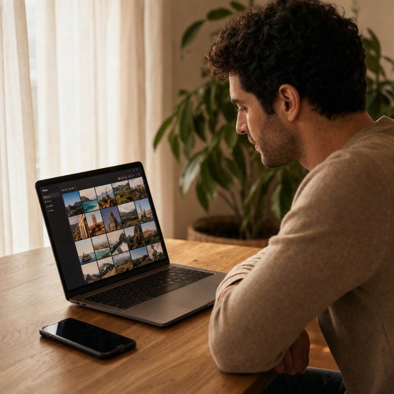 A person sitting at a laptop running a reverse image search, calm and focused