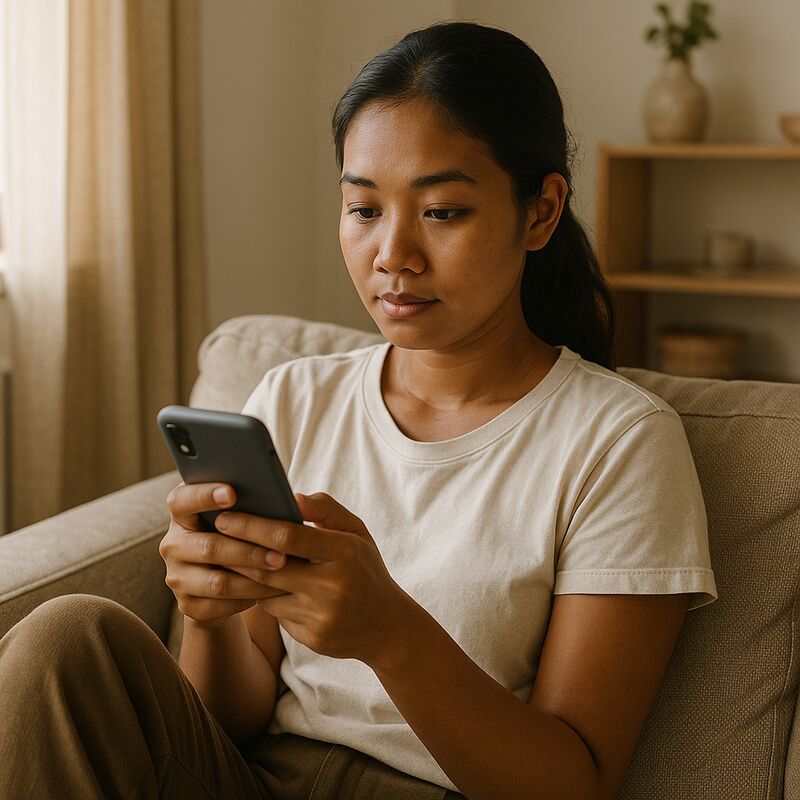 Cambodian woman sitting comfortably at home, thoughtfully reading a message on her phone.