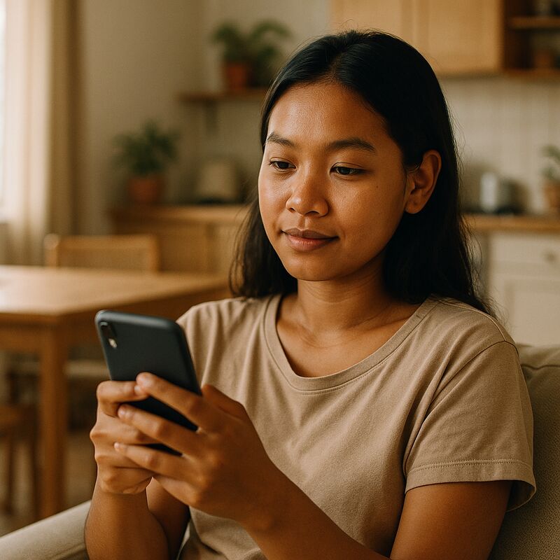 Cambodian woman relaxed and confident using her phone in a comfortable home setting.