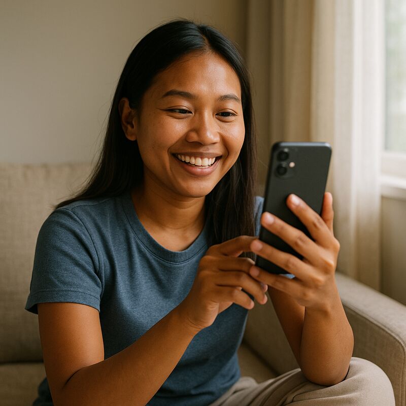 Cambodian woman smiling during a friendly, well-lit video call on her phone.