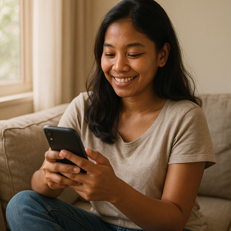 Cambodian woman relaxed and smiling while reading a message on her phone.