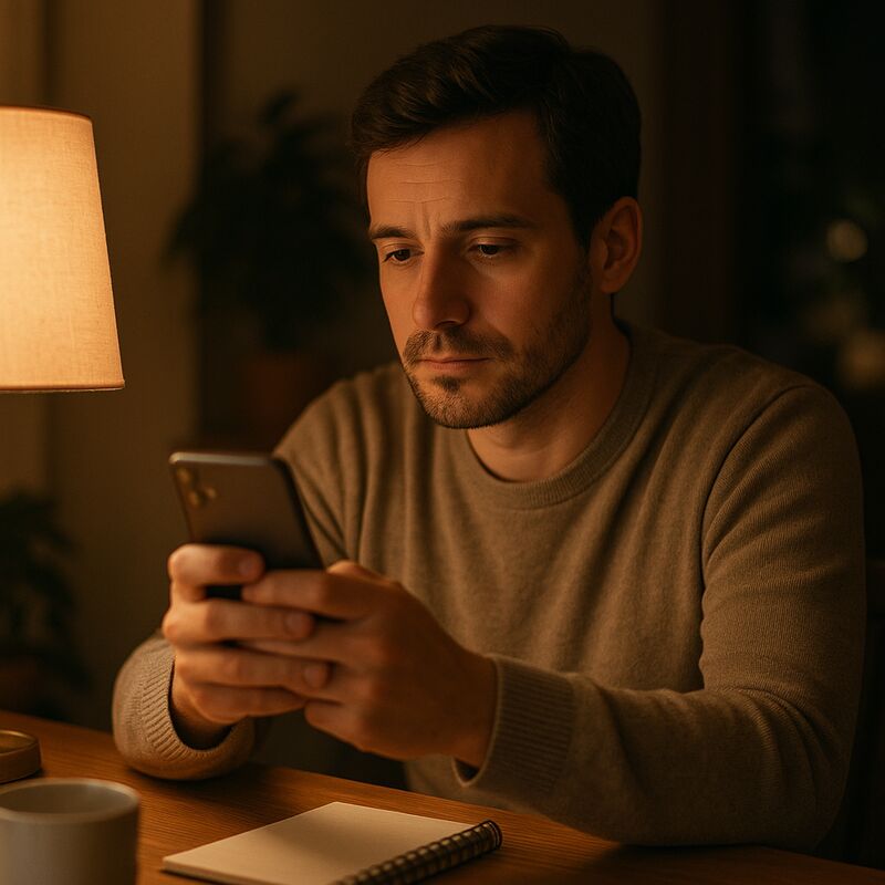 A man sitting calmly with his phone, thoughtfully composing a message.