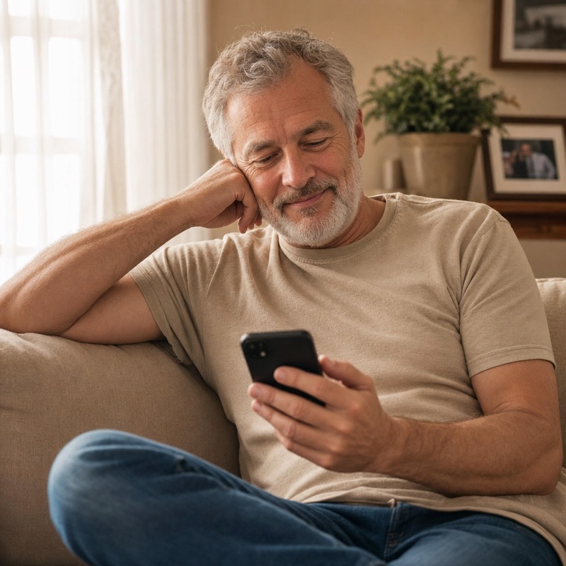 A relaxed phone chat scene suggesting a warm, unhurried conversation.