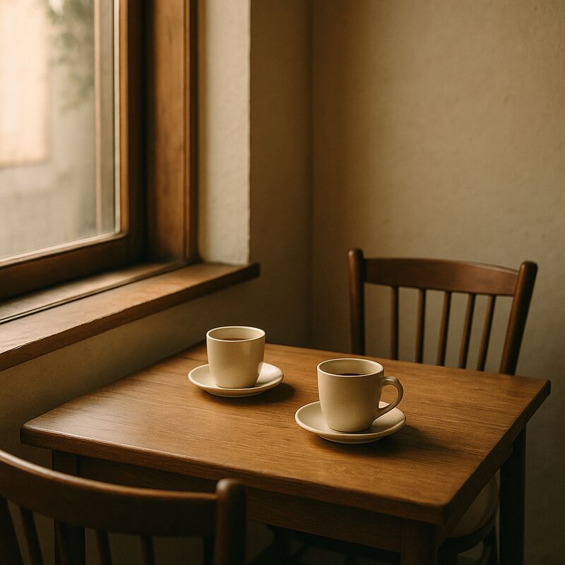 A quiet café table set for two, calm and low-key.