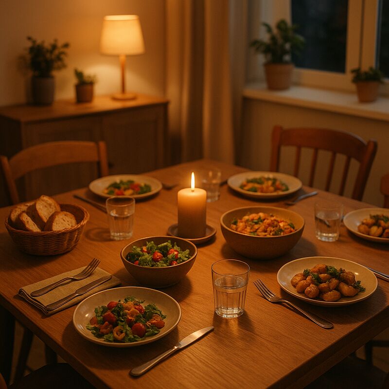 A warm home table set for a shared meal, symbolizing family and trust.