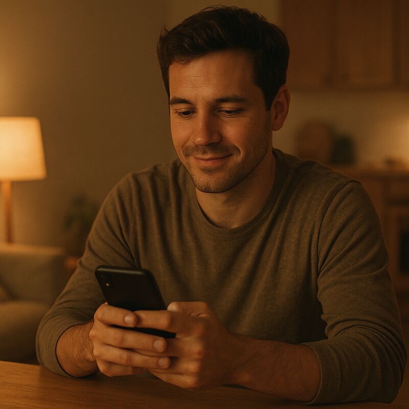 A man sitting comfortably at home, casually browsing a dating app on his phone in warm evening light.