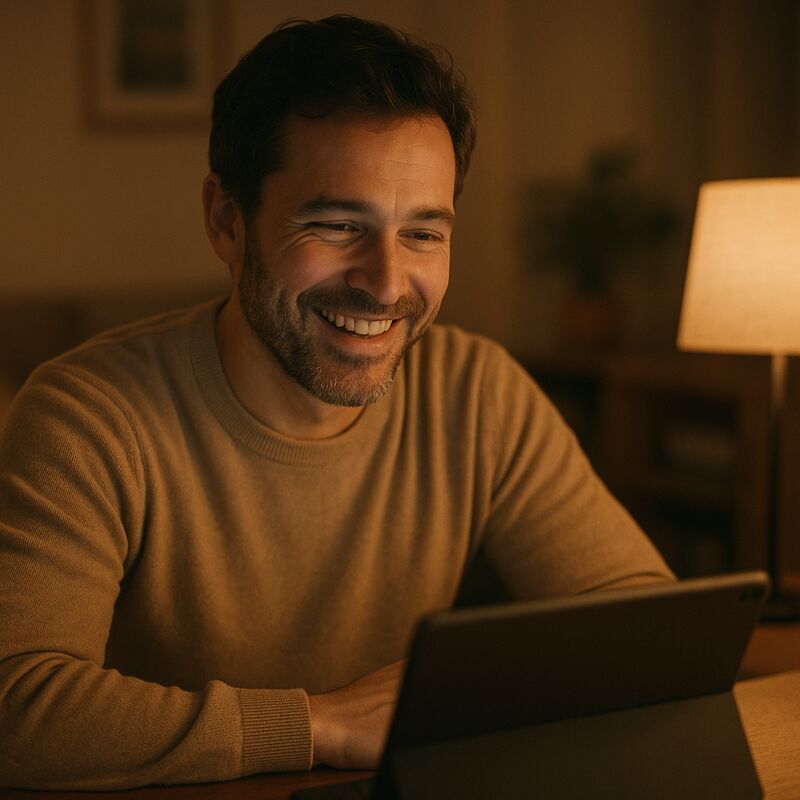 A man on a warm, genuine video call at home in the evening, phone propped up, soft lamp light.