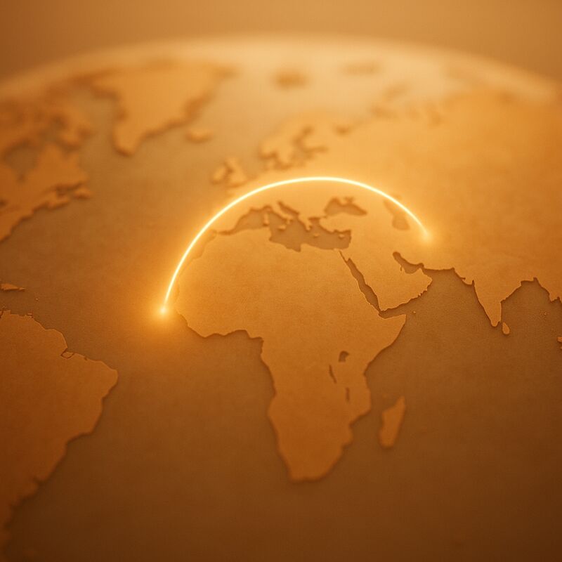 A soft, warm-toned abstract image of a glowing light path connecting two points across a stylized world map.