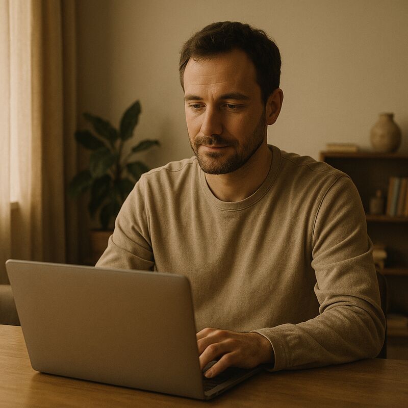 A man calmly and confidently using a laptop at home, relaxed posture, soft natural daylight.