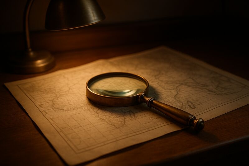 A magnifying glass resting on a map, symbolizing a search for data that does not yet exist.