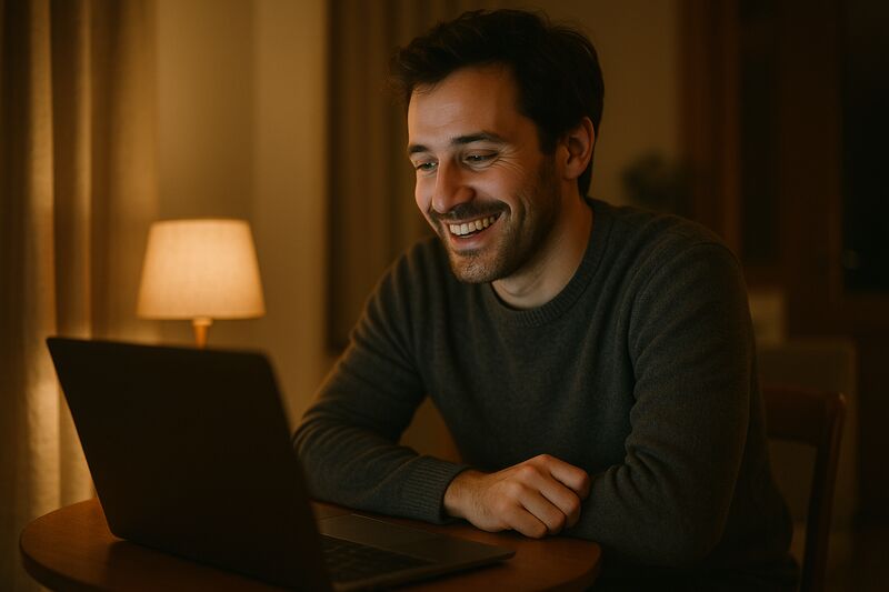 A man having a warm video call in the evening, representing long-distance communication.