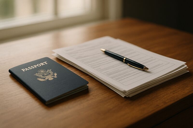 Passport and official documents laid out on a desk, representing the legal process of marrying abroad.