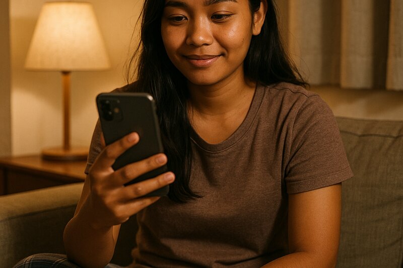 A woman sitting comfortably at home, smiling thoughtfully while looking at her phone during a video call.