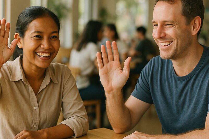 Two people greeting each other warmly in a bright, public café setting.