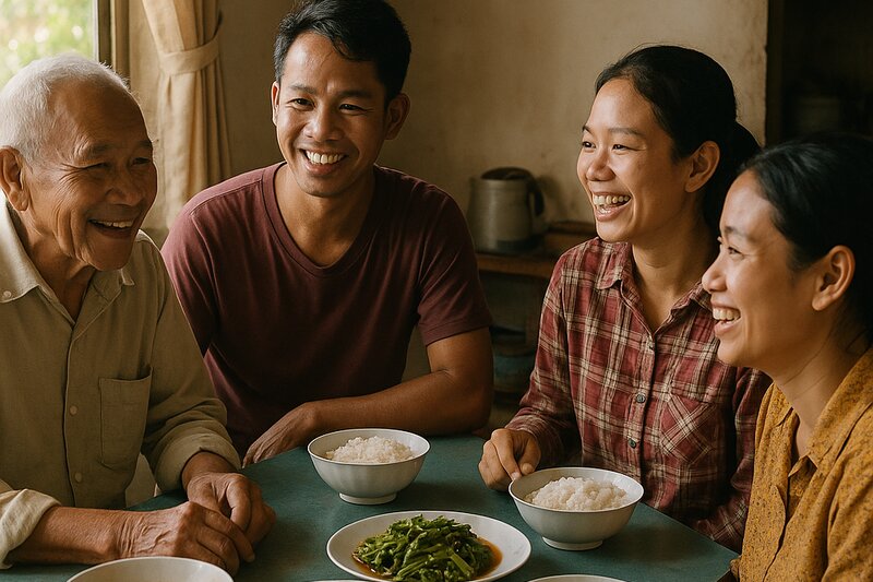 A warm family gathering at home, relaxed conversation around a table.