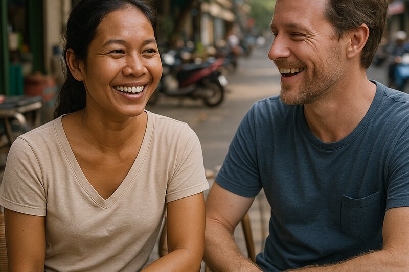A couple sharing a relaxed, candid moment together at an everyday café or street setting.