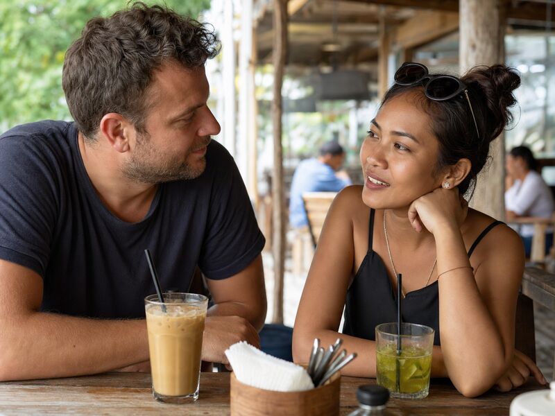 A Western man and Cambodian woman having a genuine, relaxed conversation at a casual café table.