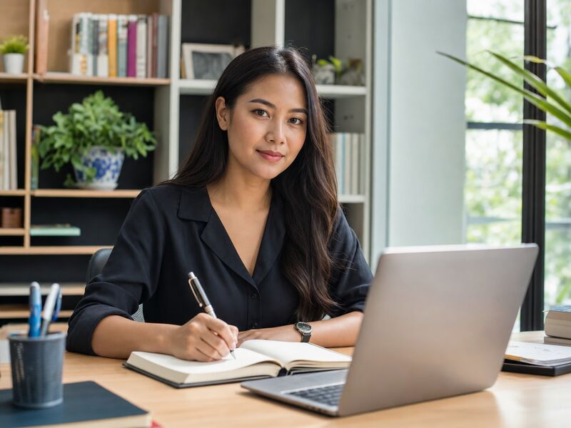 A confident Cambodian woman in an everyday modern setting, such as working or studying.