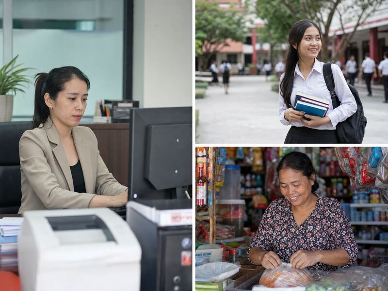 Several different Cambodian women in varied, realistic everyday settings, reflecting individual backgrounds.