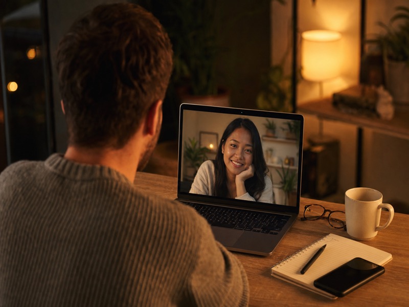 A person on a video call on a laptop, representing safe, verified communication.