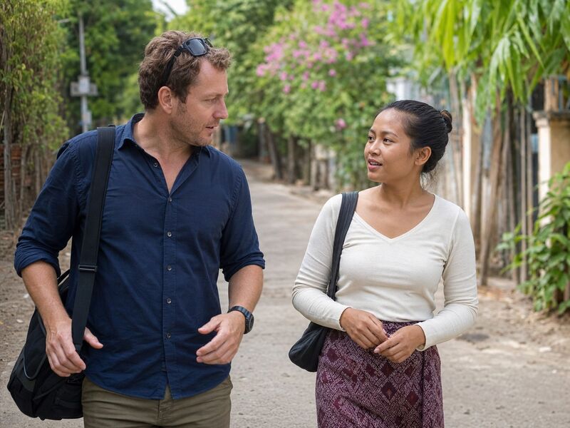 Two people walking and talking side by side at eye level, conveying equal footing.